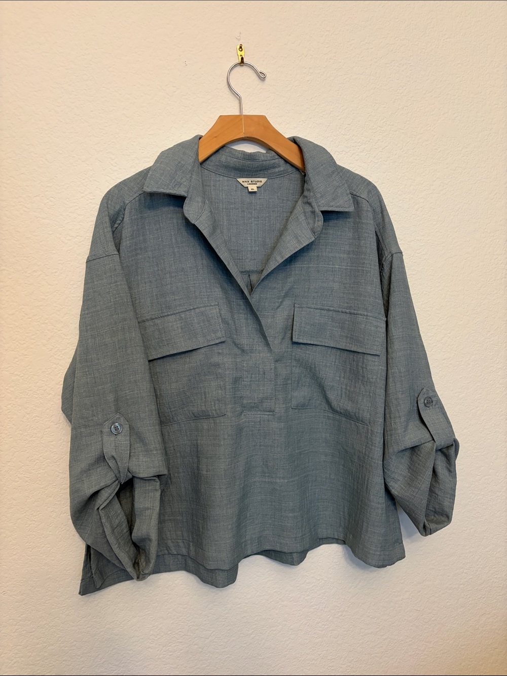 Max Studio Dusty Blue Button-Up Utility Top